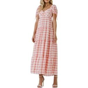 ENGLISH FACTORY Gingham Knot Tiered Midi Dress
